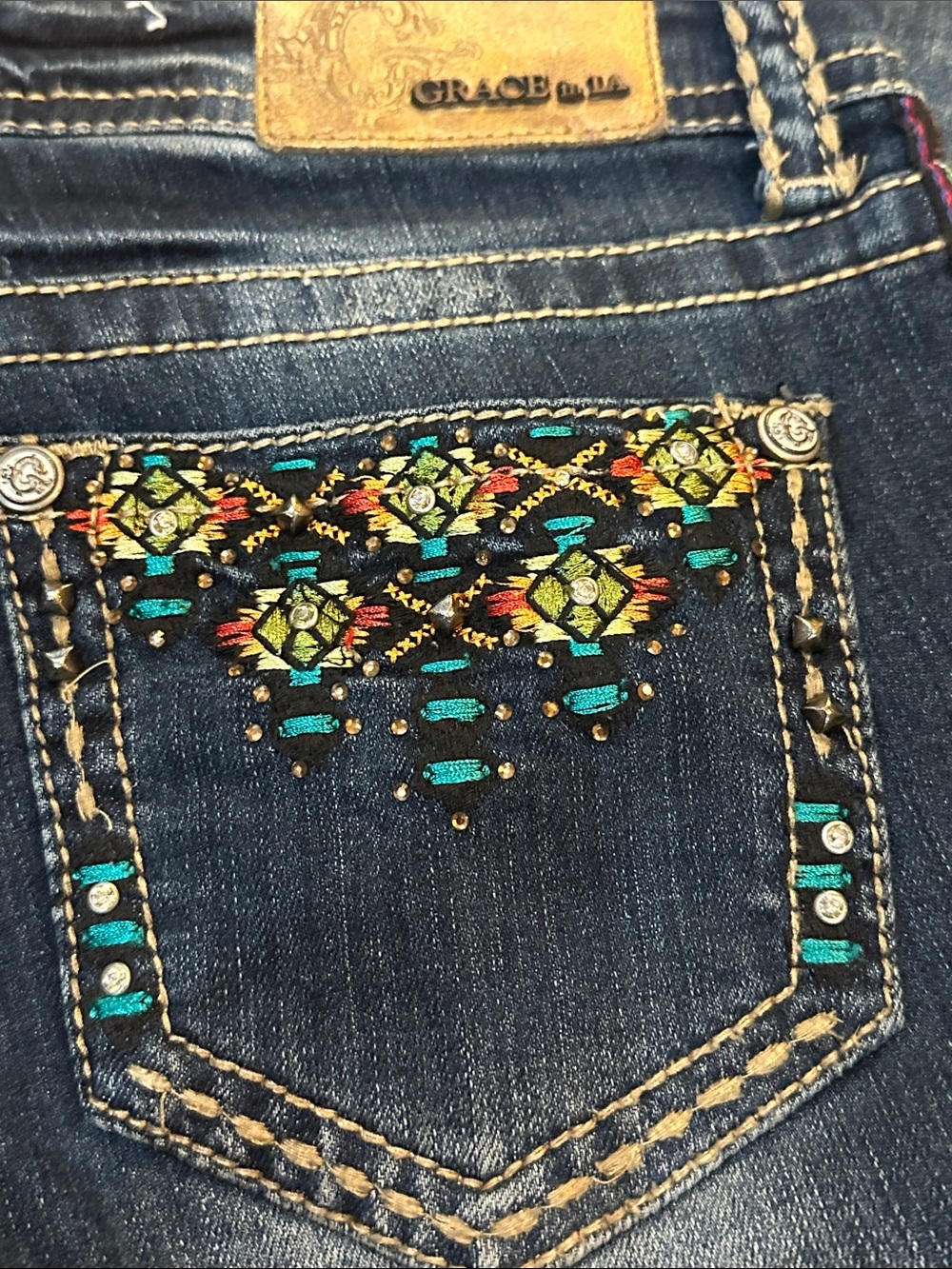 Grace Dark Blue Straight-Leg Jeans with Multicolor Embroidered Trim - Picture 5 of 10